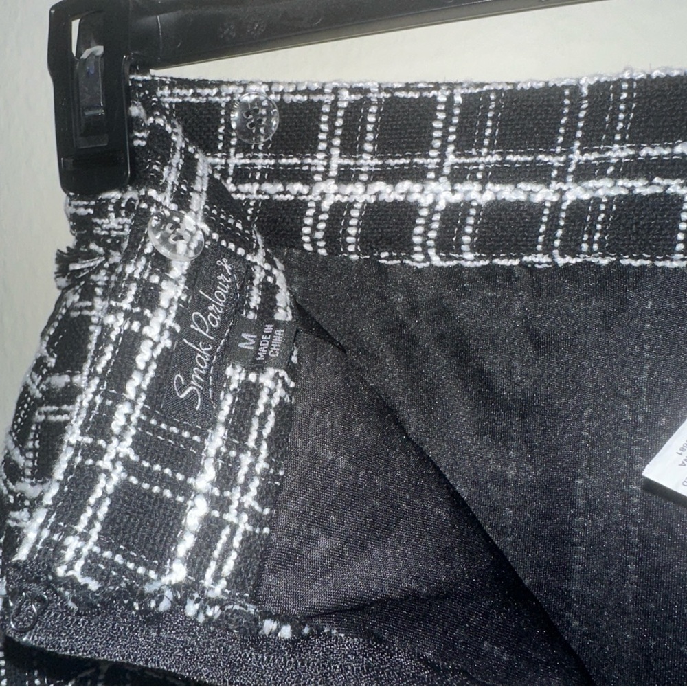 Black & White Plaid Tweed Mini Skirt with Decorative Buttons - Picture 5 of 7